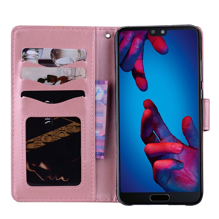 For Huawei P20 Imprint Heart Flower Wallet Leather Stand Phone Casing - Rose Gold-5