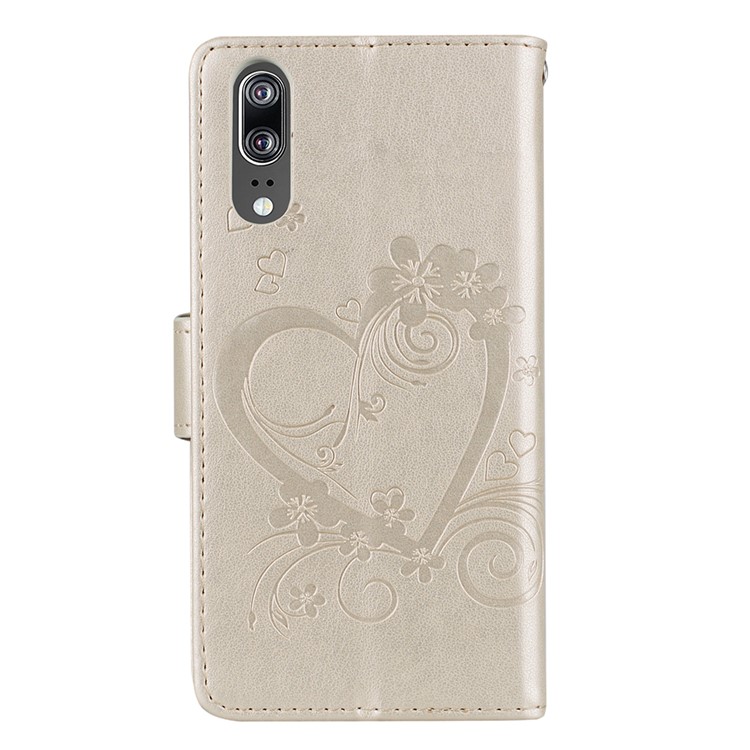 For Huawei P20 Imprint Heart Flower Wallet Leather Stand Cell Phone Case - Gold-2