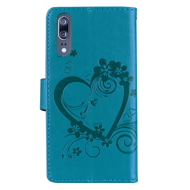 For Huawei P20 Imprint Heart Flower Wallet Leather Stand Mobile Cover - Blue-2