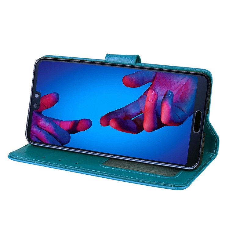 For Huawei P20 Imprint Heart Flower Wallet Leather Stand Mobile Cover - Blue-4