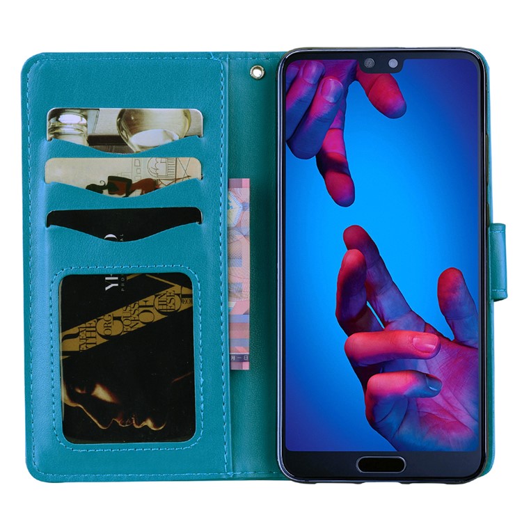 For Huawei P20 Imprint Heart Flower Wallet Leather Stand Mobile Cover - Blue-5