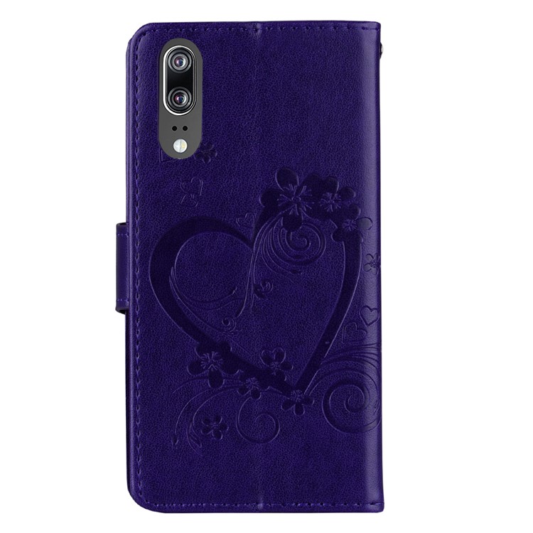 For Huawei P20 Imprint Heart Flower Wallet Leather Stand Cell Phone Case - Purple-2