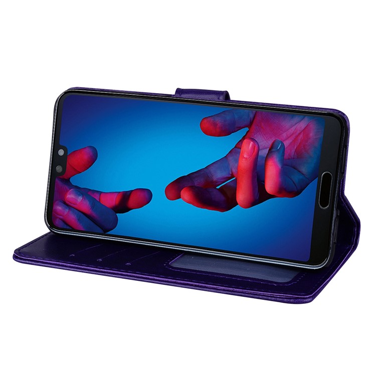 For Huawei P20 Imprint Heart Flower Wallet Leather Stand Cell Phone Case - Purple-4