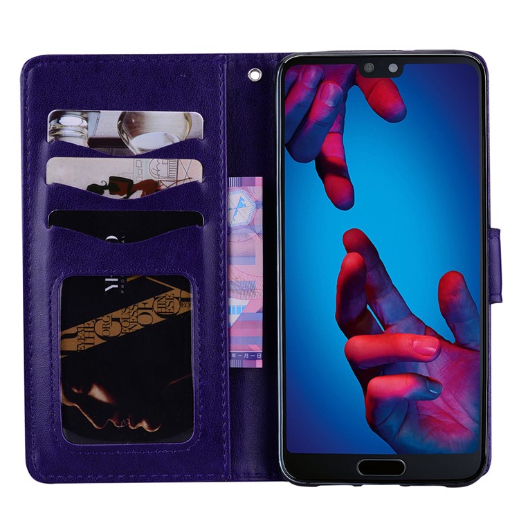 For Huawei P20 Imprint Heart Flower Wallet Leather Stand Cell Phone Case - Purple-5