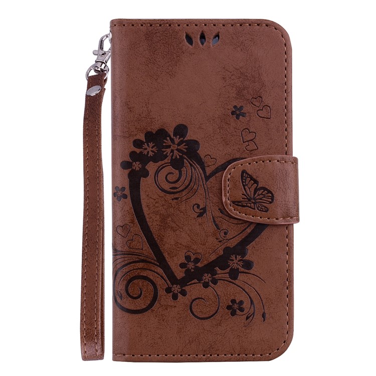 For Huawei P20 Imprint Heart Flower Wallet Leather Stand Mobile Shell - Brown-1