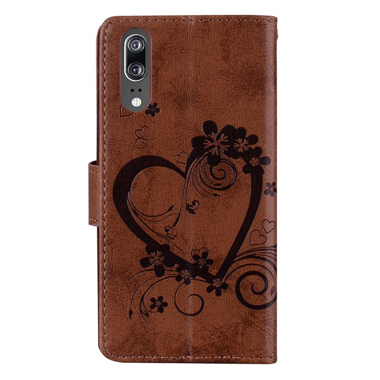 For Huawei P20 Imprint Heart Flower Wallet Leather Stand Mobile Shell - Brown-2