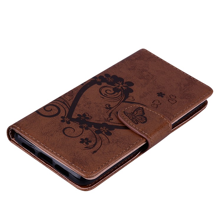 For Huawei P20 Imprint Heart Flower Wallet Leather Stand Mobile Shell - Brown-3