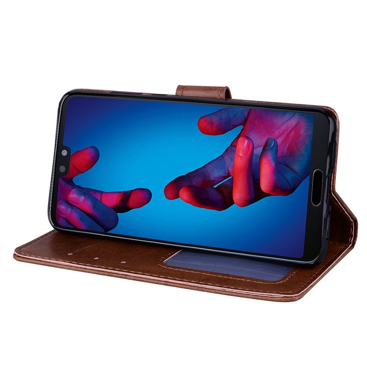 For Huawei P20 Imprint Heart Flower Wallet Leather Stand Mobile Shell - Brown-4