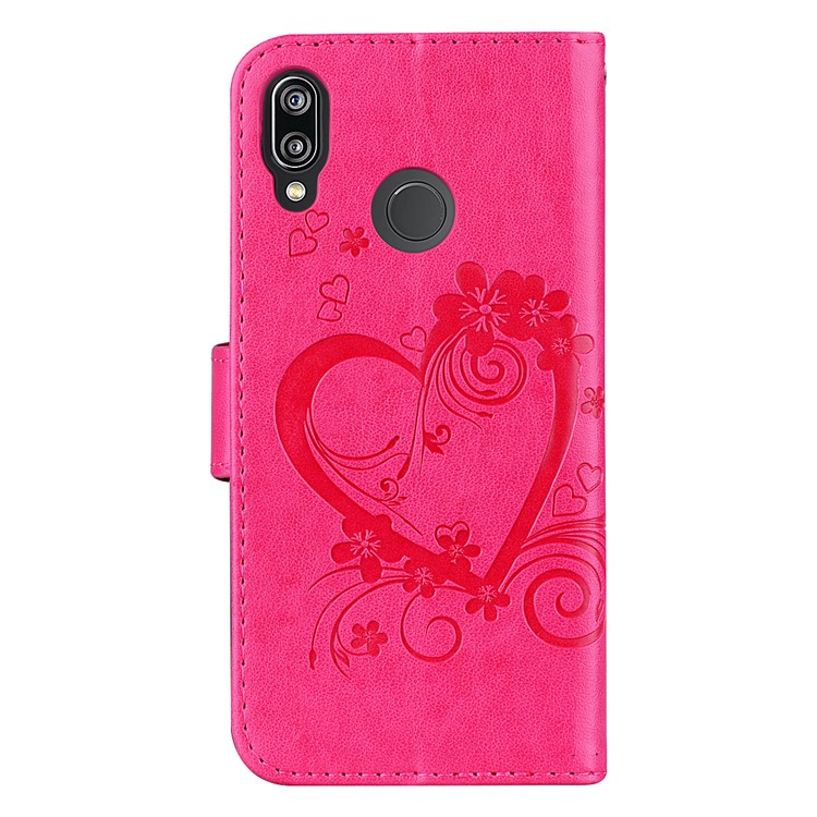 Imprint Heart Flower Wallet Leather Stand Cover for Huawei P20 Lite / Nova 3e - Rose-2