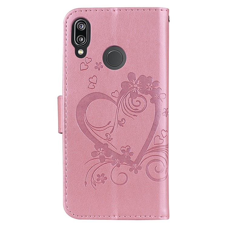 Imprint Heart Flower Wallet Leather Shell Case for Huawei P20 Lite / Nova 3e - Pink-2