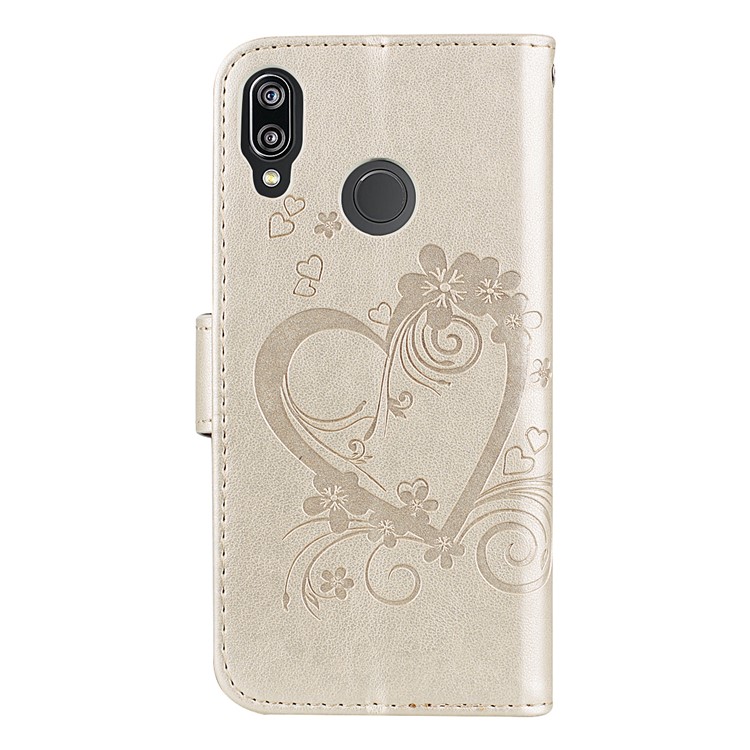 Imprint Heart Flower Magnetic Leather Stand Case for Huawei P20 Lite / Nova 3e - Champagne Gold-2