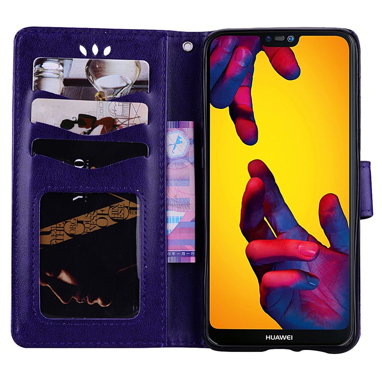 Imprint Heart Flower Wallet Leather Case with Stand for Huawei P20 Lite / Nova 3e - Purple-5