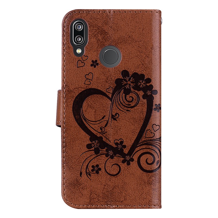 Imprint Heart Flower Wallet Leather Cover with Stand for Huawei P20 Lite / Nova 3e - Brown-2