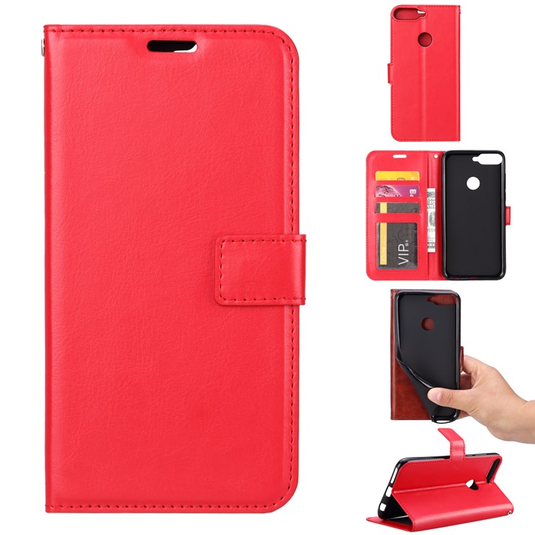 Crazy Horse Texture Wallet Stand Leather Shell Case for Huawei Y7 Prime (2018)/Honor 7C/Enjoy 8/ Nova 2 lite - Red-1