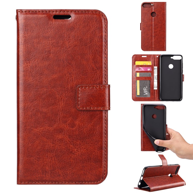 Crazy Horse Texture Wallet Stand Leather Mobile Casing for Huawei Y7 Prime (2018)/Honor 7C/Enjoy 8/ Nova 2 lite - Brown-1