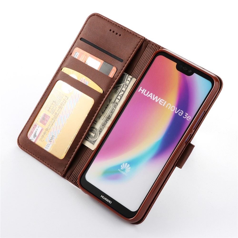 LC.IMEEKE Wallet Stand Leather Cell Phone Case for Huawei P20 Lite/Nova 3e - Coffee-3