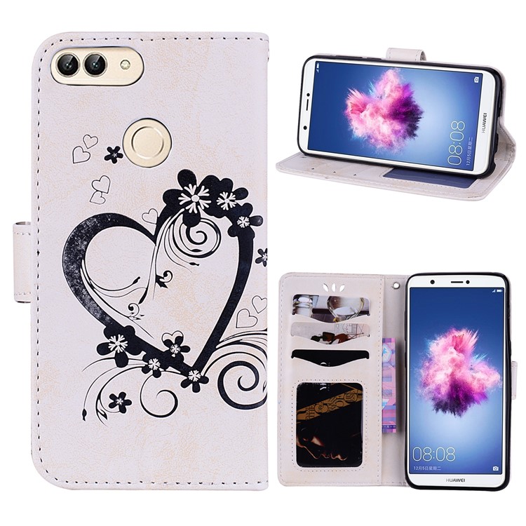 Imprint Heart Flower Wallet Leather Stand Phone Case for Huawei P Smart/Enjoy 7S - White-1