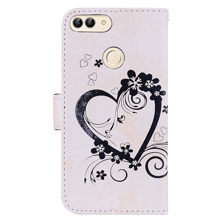 Imprint Heart Flower Wallet Leather Stand Phone Case for Huawei P Smart/Enjoy 7S - White-2