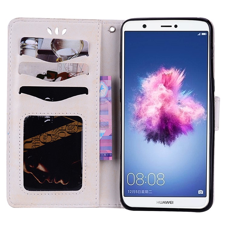 Imprint Heart Flower Wallet Leather Stand Phone Case for Huawei P Smart/Enjoy 7S - White-5