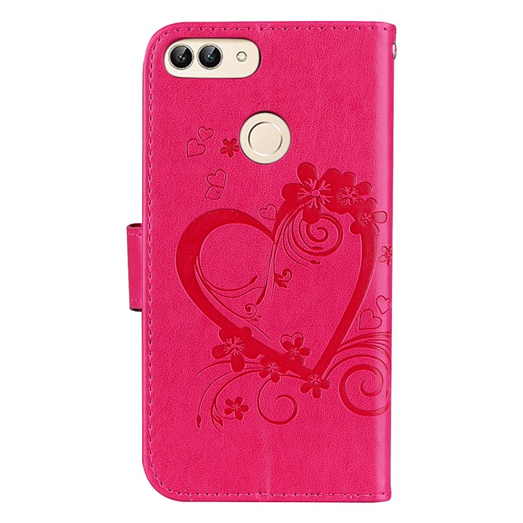 Imprint Heart Flower Wallet Leather Stand Phone Cover for Huawei P Smart/Enjoy 7S - Rose-2