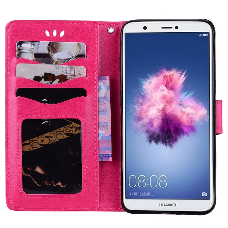 Imprint Heart Flower Wallet Leather Stand Phone Cover for Huawei P Smart/Enjoy 7S - Rose-5