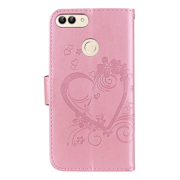 Imprint Heart Flower Wallet Leather Stand Phone Shell for Huawei P Smart/Enjoy 7S - Pink-2