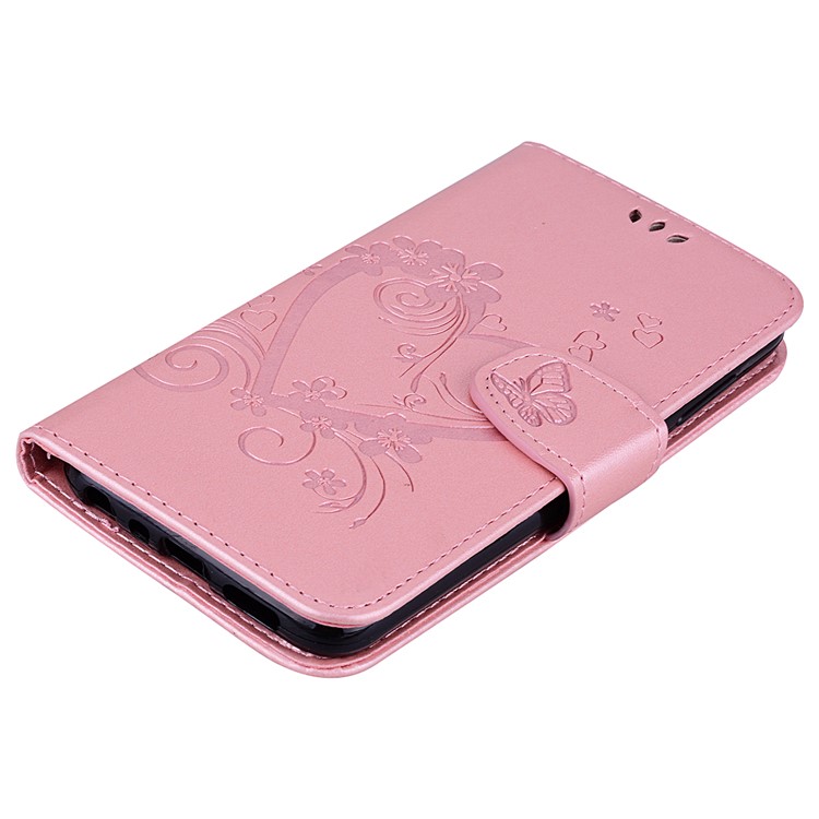 Imprint Heart Flower Wallet Leather Stand Phone Shell for Huawei P Smart/Enjoy 7S - Pink-3