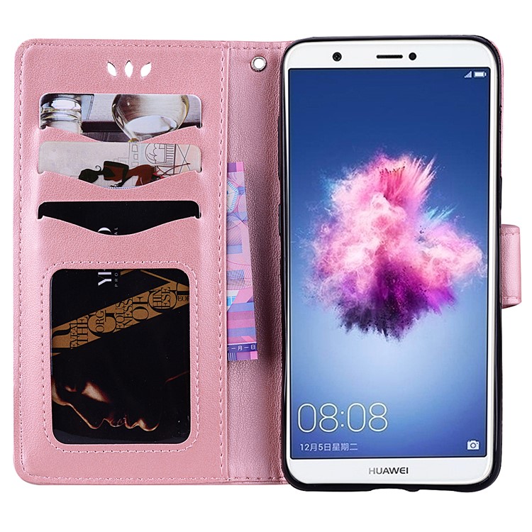 Imprint Heart Flower Wallet Leather Stand Phone Shell for Huawei P Smart/Enjoy 7S - Pink-5