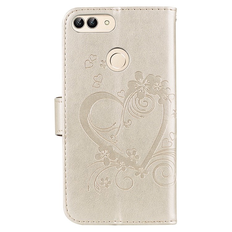 Imprint Heart Flower Wallet Leather Stand Phone Casing for Huawei P Smart/Enjoy 7S - Gold-2