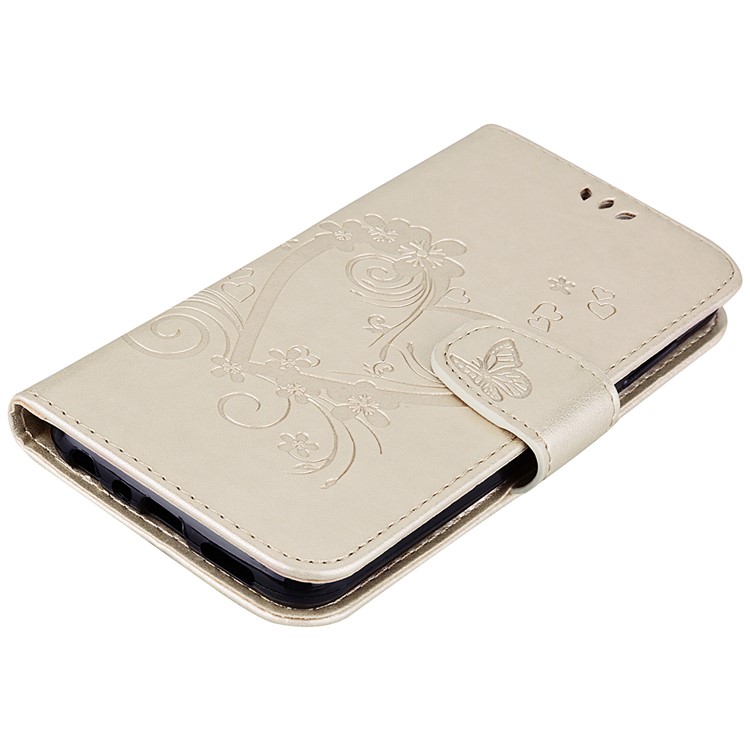Imprint Heart Flower Wallet Leather Stand Phone Casing for Huawei P Smart/Enjoy 7S - Gold-3