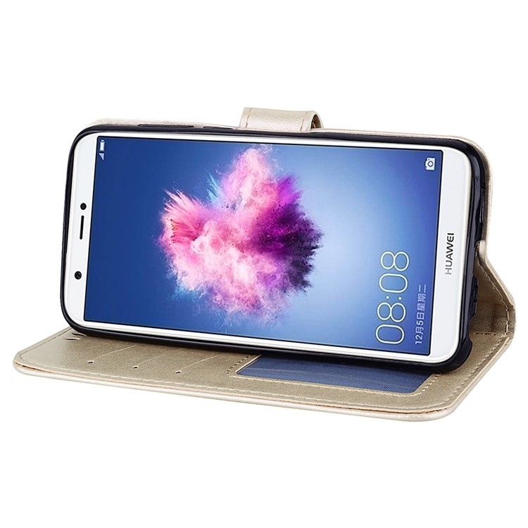Imprint Heart Flower Wallet Leather Stand Phone Casing for Huawei P Smart/Enjoy 7S - Gold-4