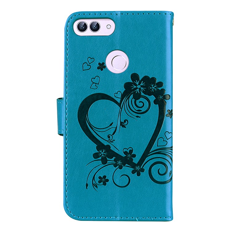 Imprint Heart Flower Wallet Leather Stand Mobile Phone Case for Huawei P Smart/Enjoy 7S - Blue-2