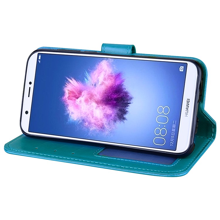 Imprint Heart Flower Wallet Leather Stand Mobile Phone Case for Huawei P Smart/Enjoy 7S - Blue-4
