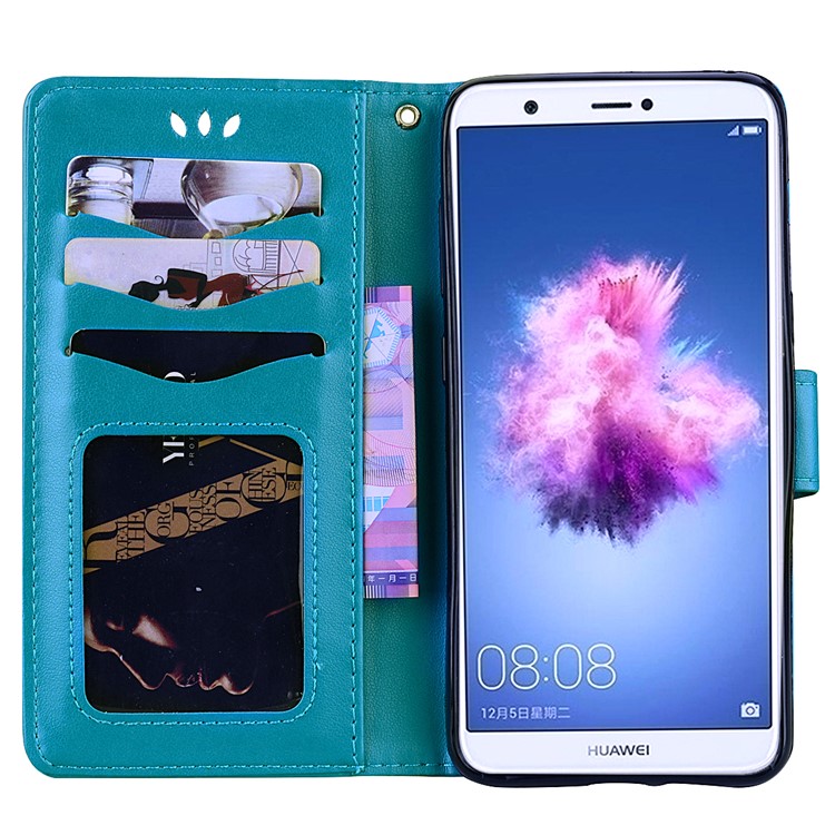 Imprint Heart Flower Wallet Leather Stand Mobile Phone Case for Huawei P Smart/Enjoy 7S - Blue-5