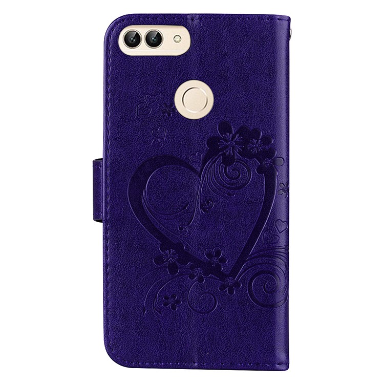 Imprint Heart Flower Wallet Leather Stand Cell Phone Case for Huawei P Smart/Enjoy 7S - Purple-2