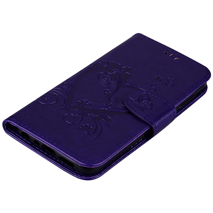 Imprint Heart Flower Wallet Leather Stand Cell Phone Case for Huawei P Smart/Enjoy 7S - Purple-3