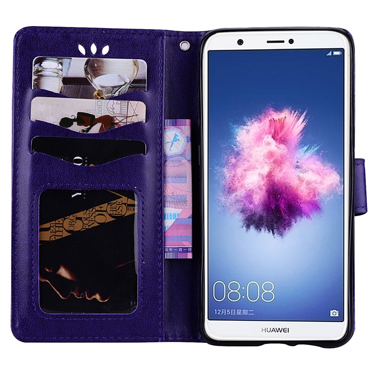 Imprint Heart Flower Wallet Leather Stand Cell Phone Case for Huawei P Smart/Enjoy 7S - Purple-5