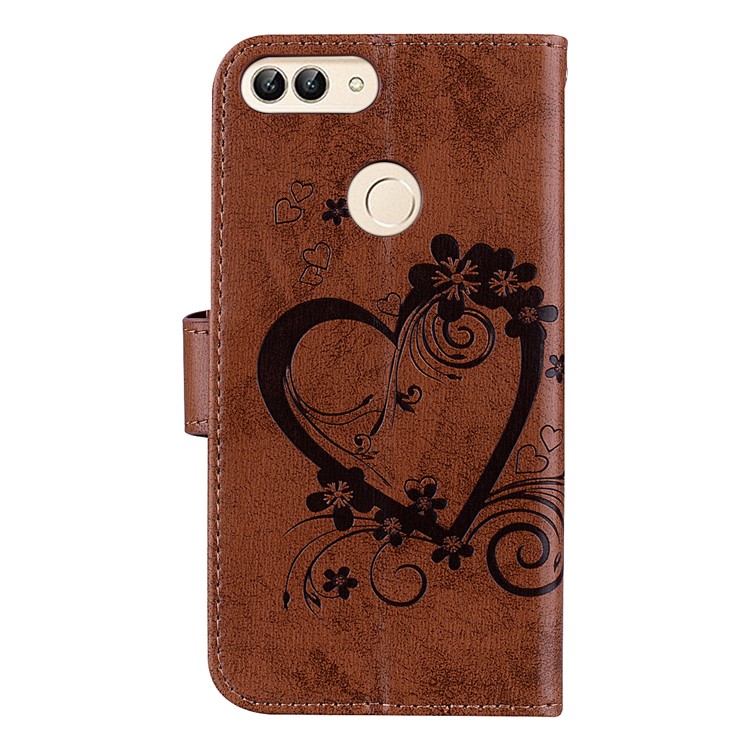 Imprint Heart Flower Wallet Leather Stand Protective Case for Huawei P Smart/Enjoy 7S - Brown-2