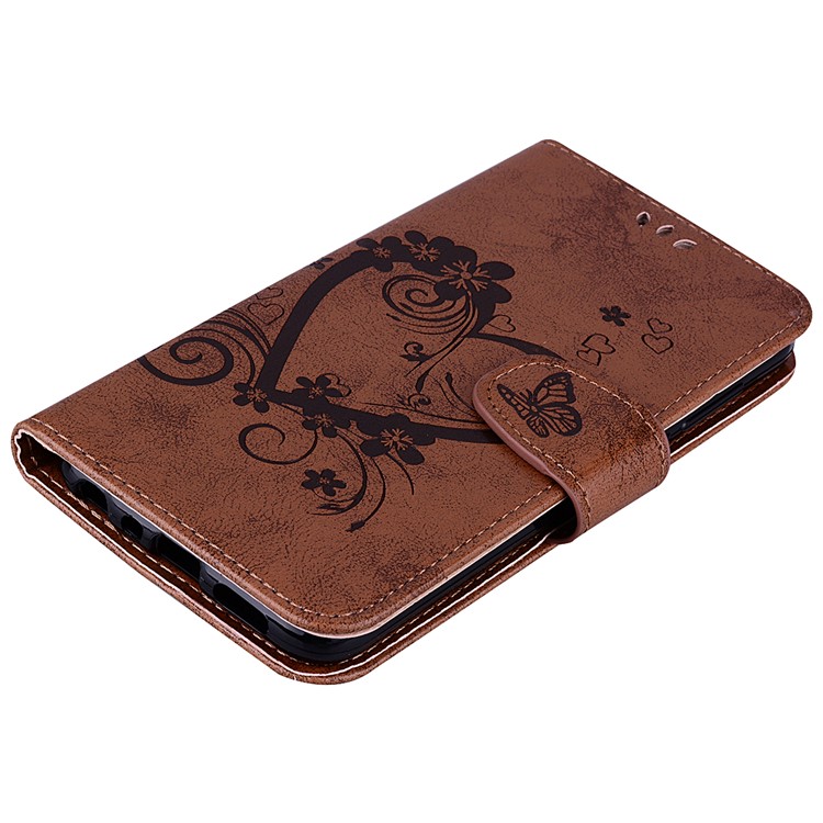 Imprint Heart Flower Wallet Leather Stand Protective Case for Huawei P Smart/Enjoy 7S - Brown-3
