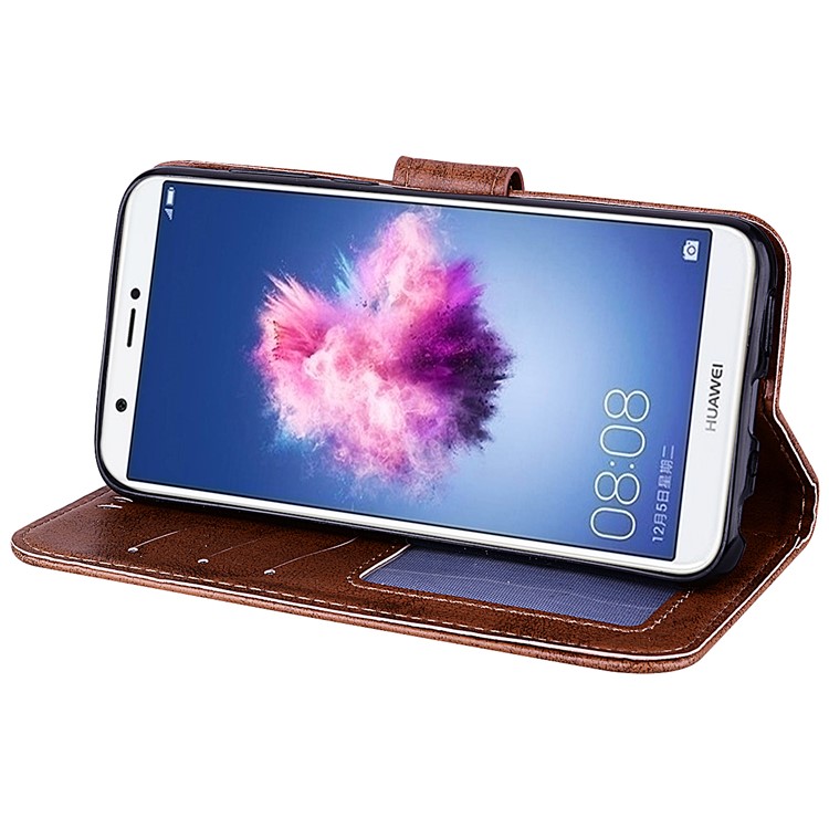 Imprint Heart Flower Wallet Leather Stand Protective Case for Huawei P Smart/Enjoy 7S - Brown-4