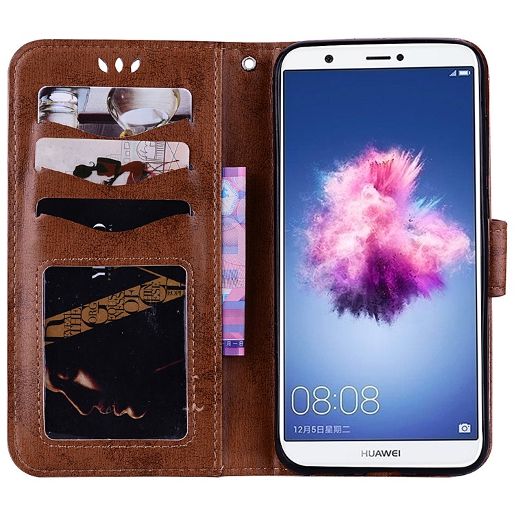 Imprint Heart Flower Wallet Leather Stand Protective Case for Huawei P Smart/Enjoy 7S - Brown-5