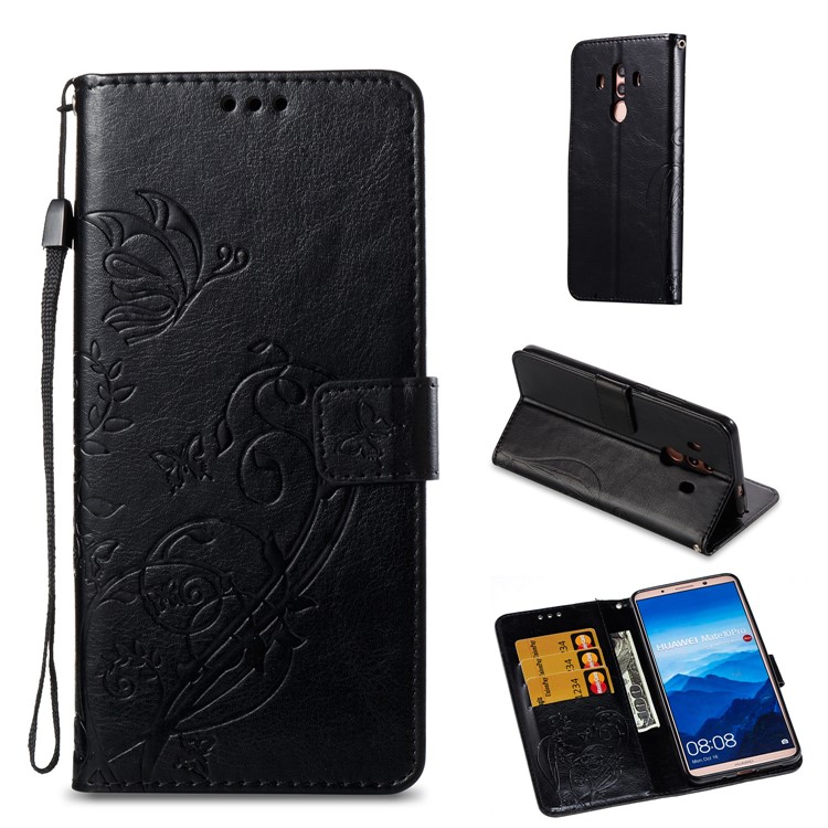 Imprint Butterfly Flowers PU Leather Wallet Stand Mobile Case for Huawei Mate 10 Pro - Black-1