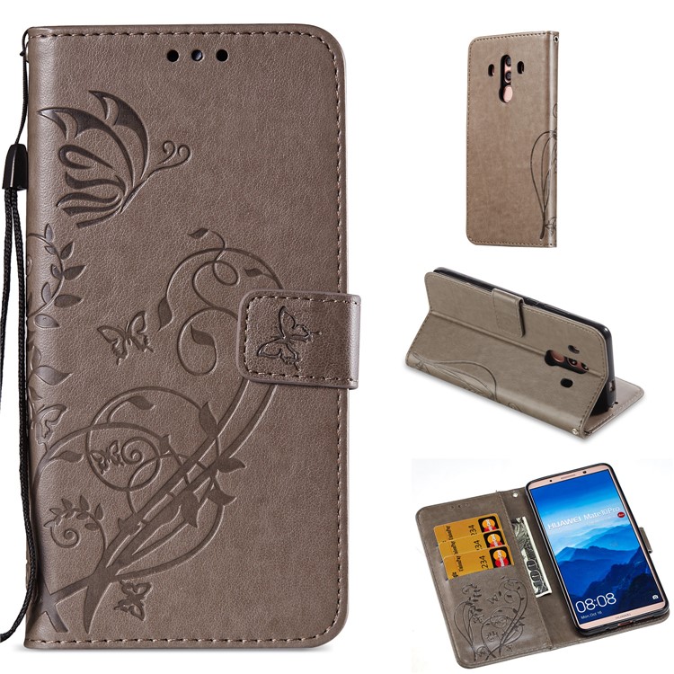 Imprint Butterfly Flowers PU Leather Wallet Stand Mobile Case Cover for Huawei Mate 10 Pro - Grey-1