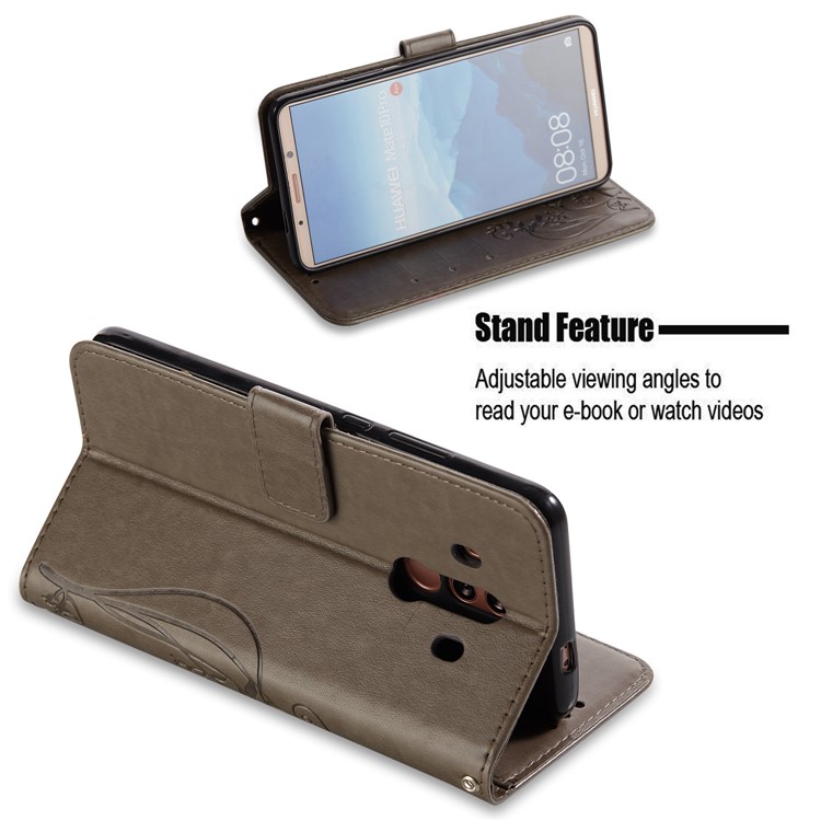Imprint Butterfly Flowers PU Leather Wallet Stand Mobile Case Cover for Huawei Mate 10 Pro - Grey-3