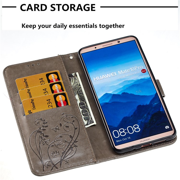 Imprint Butterfly Flowers PU Leather Wallet Stand Mobile Case Cover for Huawei Mate 10 Pro - Grey-5