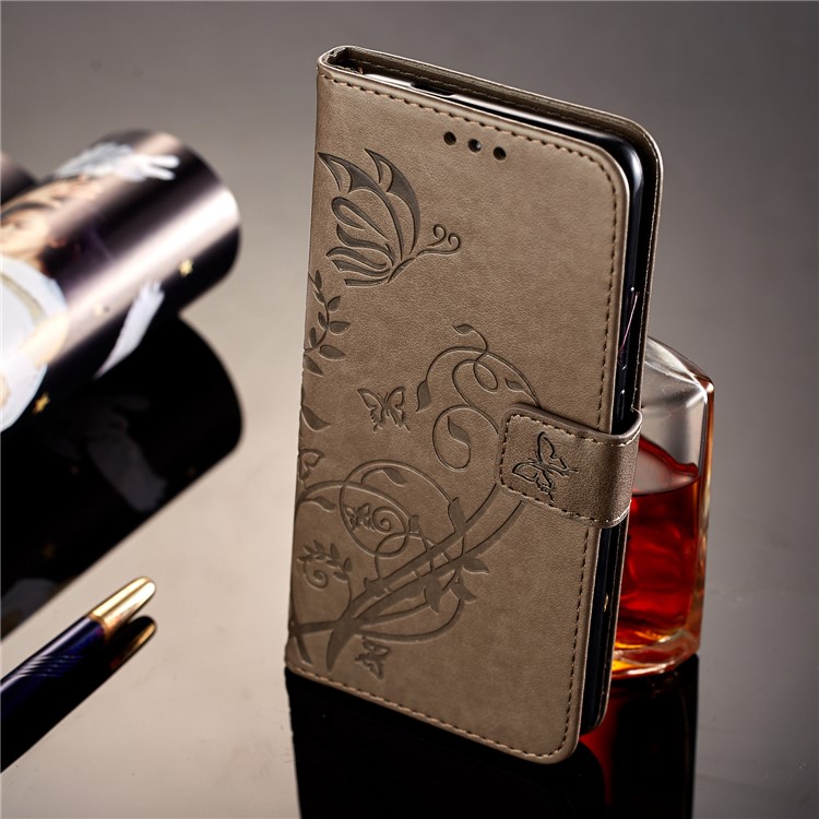Imprint Butterfly Flowers PU Leather Wallet Stand Mobile Case Cover for Huawei Mate 10 Pro - Grey-7
