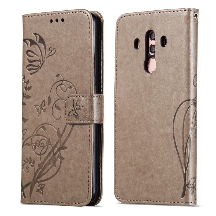 Imprint Butterfly Flowers PU Leather Wallet Stand Mobile Case Cover for Huawei Mate 10 Pro - Grey-8