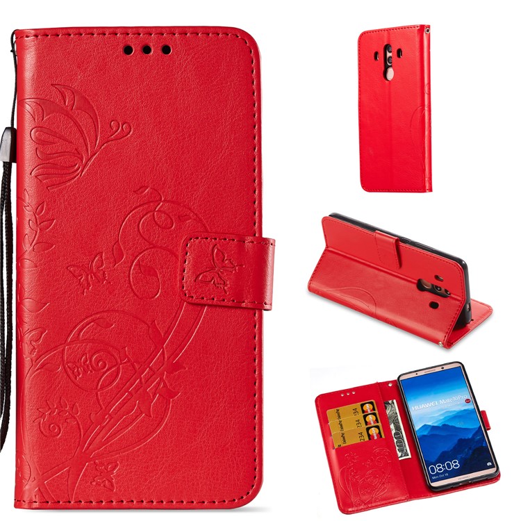 Imprint Butterfly Flowers PU Leather Wallet Stand Mobile Cover for Huawei Mate 10 Pro - Red-1