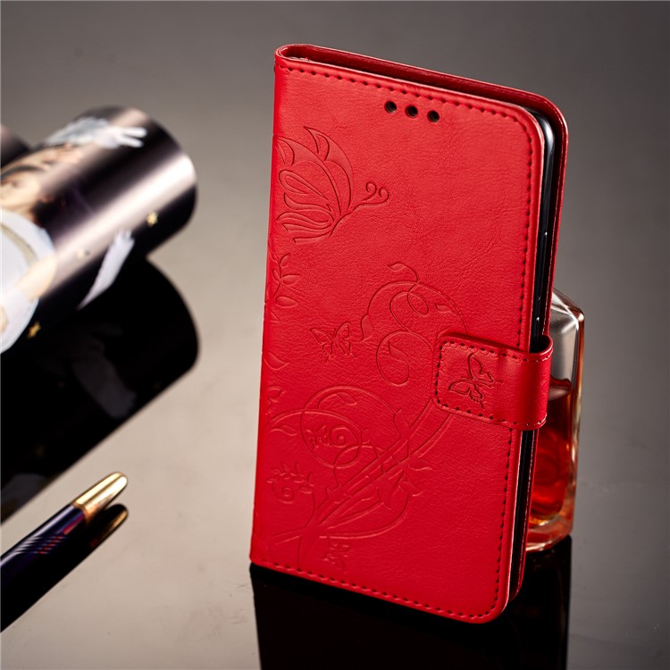 Imprint Butterfly Flowers PU Leather Wallet Stand Mobile Cover for Huawei Mate 10 Pro - Red-7