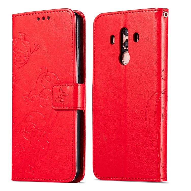 Imprint Butterfly Flowers PU Leather Wallet Stand Mobile Cover for Huawei Mate 10 Pro - Red-8